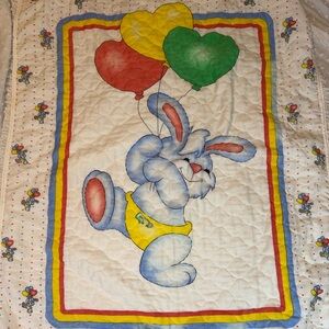Vintage Handmade Crib Blanket 80’s Rainbow Baby Rabbit Bunny Hearts
